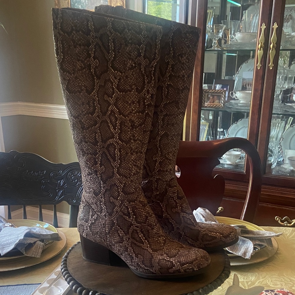 Born Brown Snake-Print Knee Boots with Block Heel